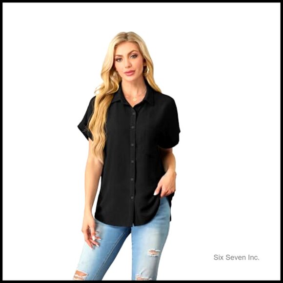Short Sleeve Button Down Shirt V Neck Loose Fit Casual Top with Pocket - Picture 3 of 7